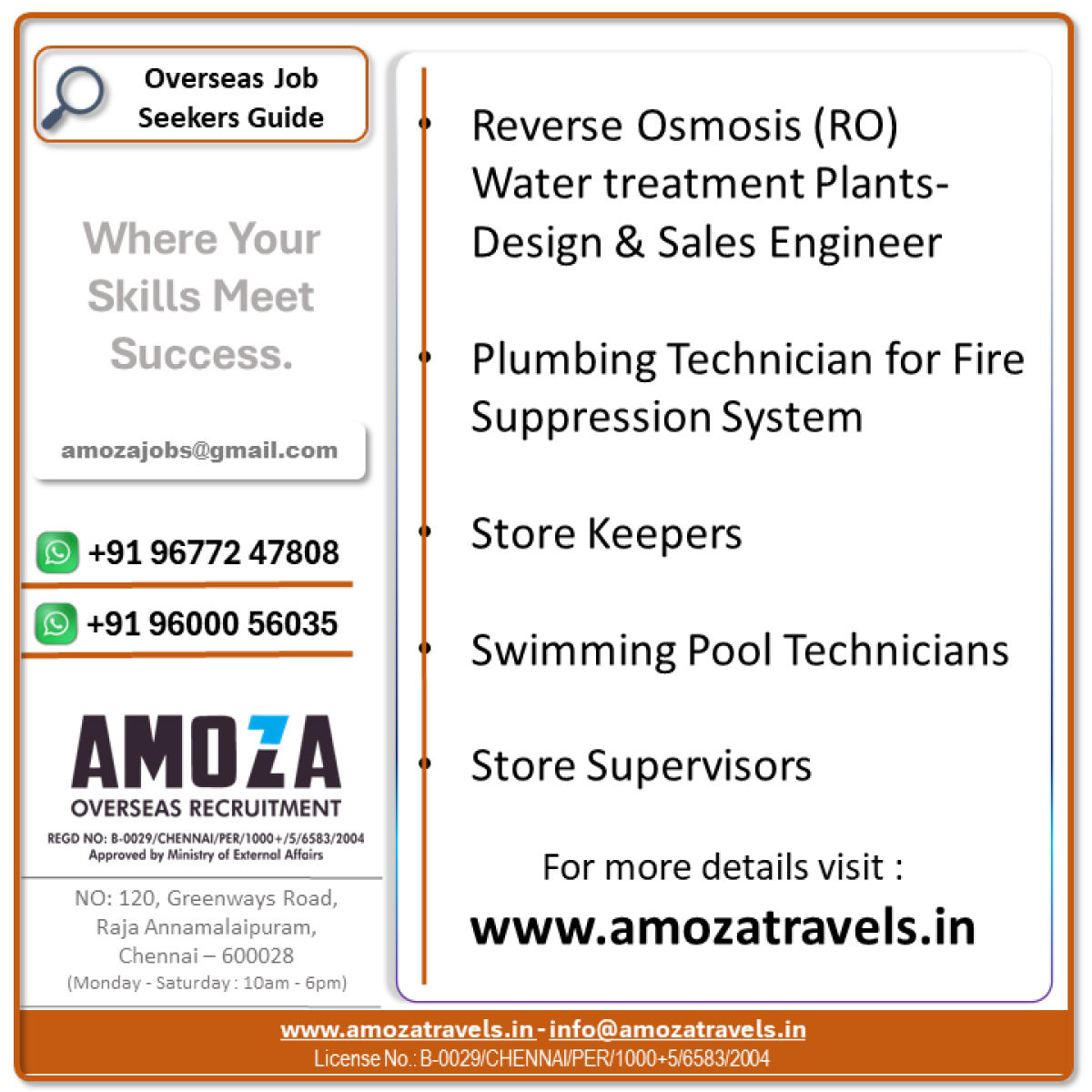 Reverse Osmosis (RO) Water treatment Plants- Design & Sales Engineer --|-- Plumbing Technician for Fire Suppression System --|-- Store Keepers --|-- Swimming Pool Technicians --|-- Store Supervisor