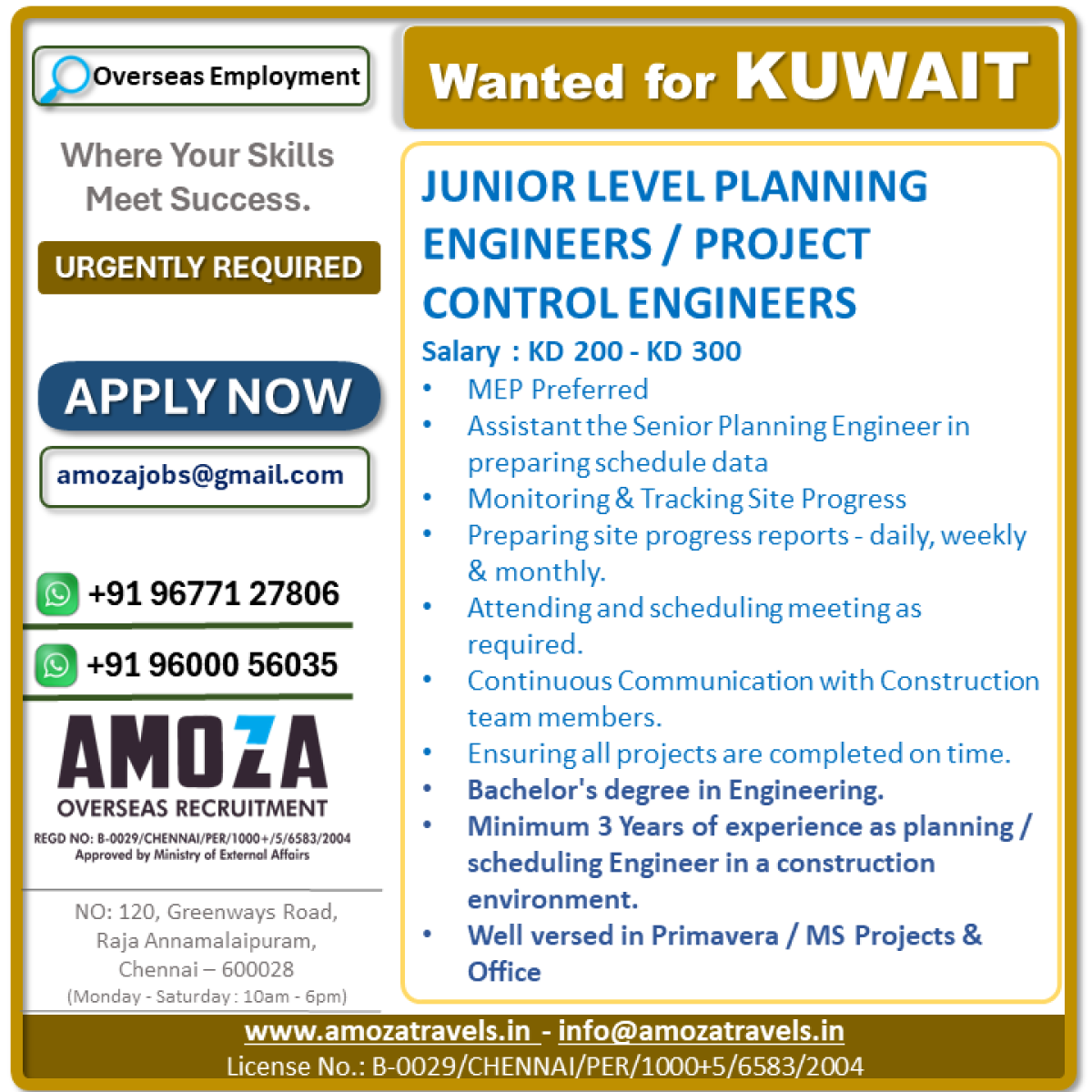 JUNIOR LEVEL PLANNING ENGINEERS / PROJECT CONTROL ENGINEERS