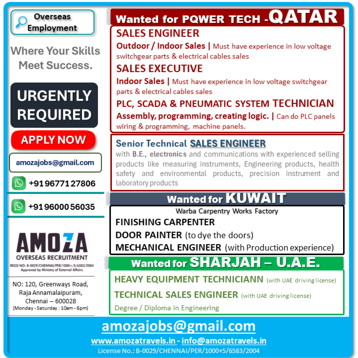 SALES ENGINEERS, SALES EXECUTIVES, HEAVY EQUIPTMENT TECHNICIANS Wanted for QATAR - KUWAIT - U.A.E.
