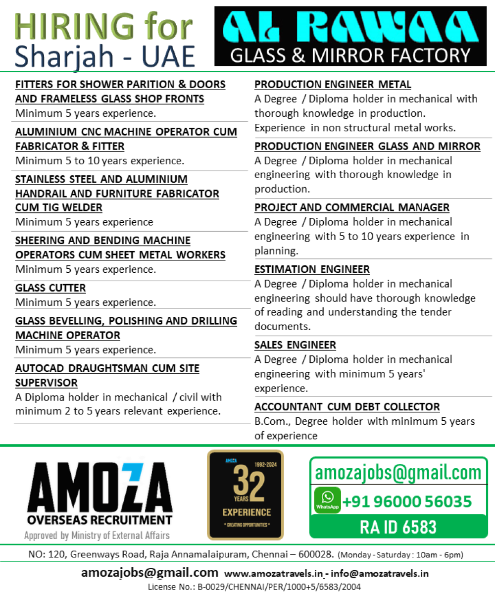 UAE - SHARJAH, ALRAWAA GLASS & MIRROR FACTORY JOBS