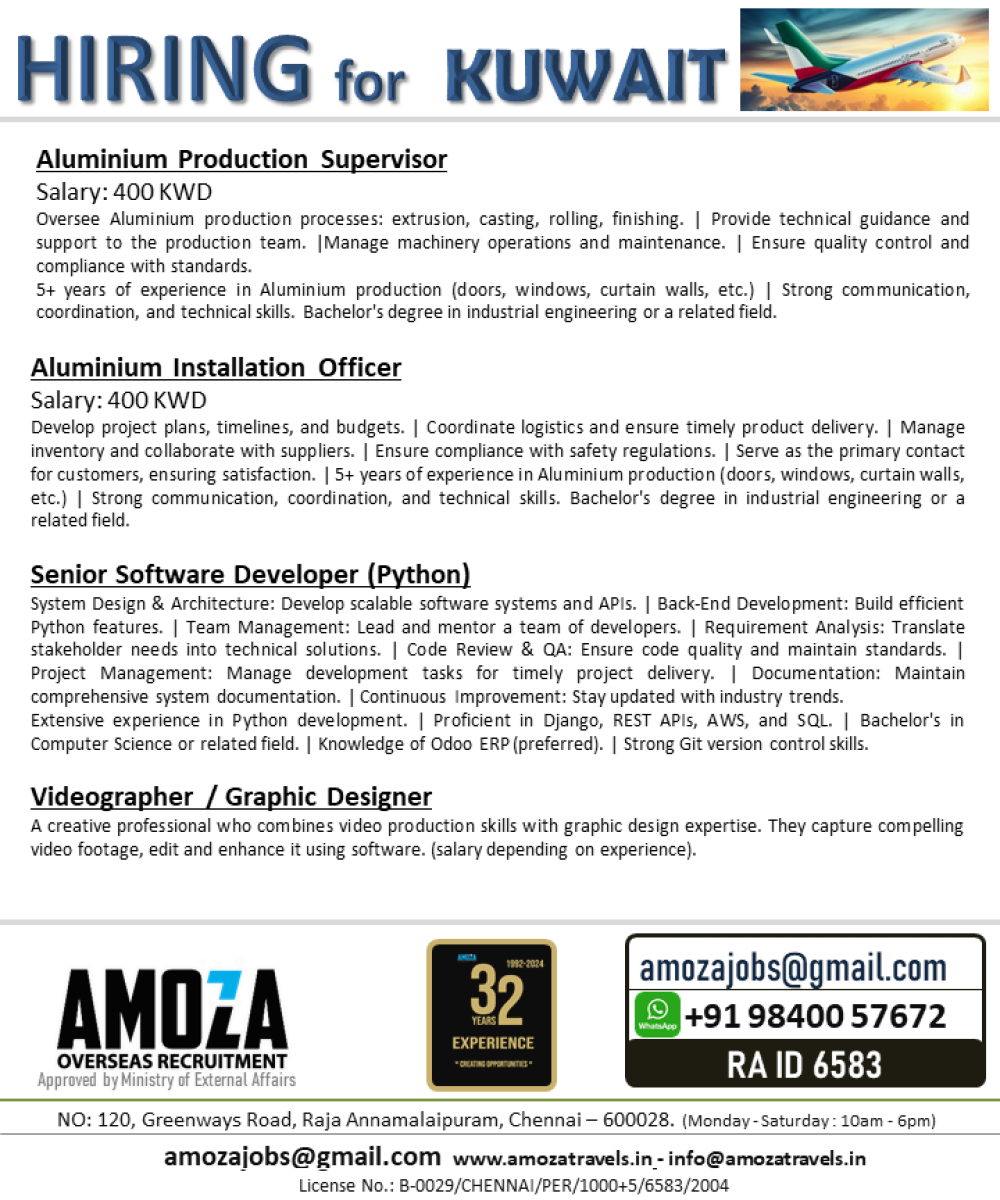 Aluminium Production Supervisor | Aluminium Installation Officer | Senior Software Developer (Python) | Videographer / Graphic Designer