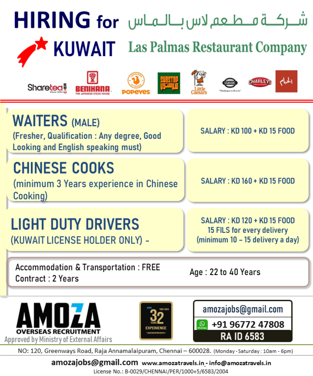 WAITERS | CHINESE COOKS | LIGHT DUTY DRIVERS