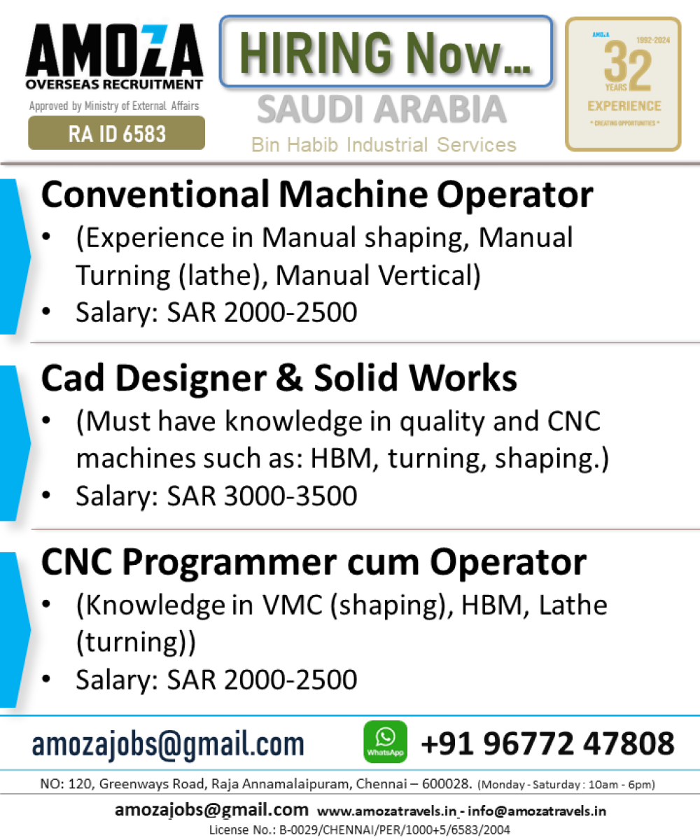 Conventional Machine Operator | Cad Designer & Solid Works | CNC Programmer cum Operator