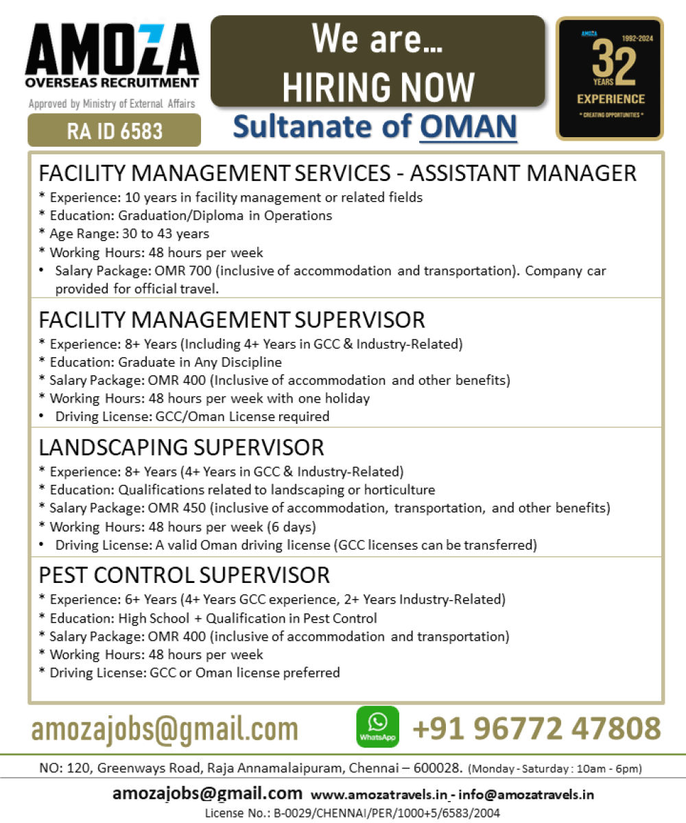 FACILITY MANAGEMENT SERVICES - ASSISTANT MANAGER | SUPERVISOR | LANDSCAPING SUPERVISOR | PEST CONTROL SUPERVISOR