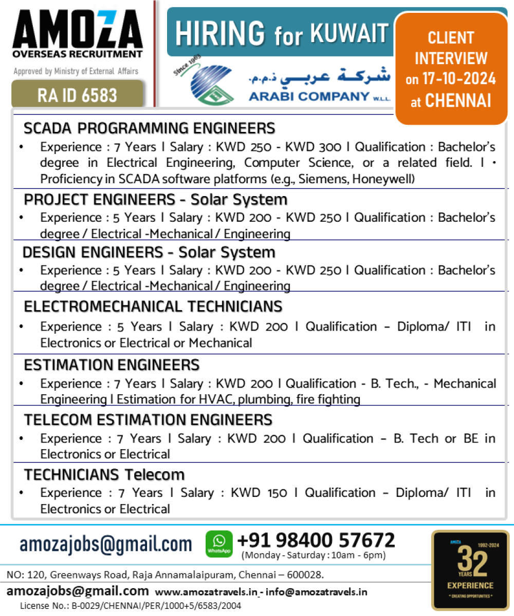 SCADA PROGRAMMING ENGINEERS |  PROJECT ENGINEERS - Solar System |  DESIGN ENGINEERS - Solar System |  ELECTROMECHANICAL TECHNICIANS |  ESTIMATION ENGINEERS |  TELECOM ESTIMATION ENGINEERS |  TECHNICIANS Telecom