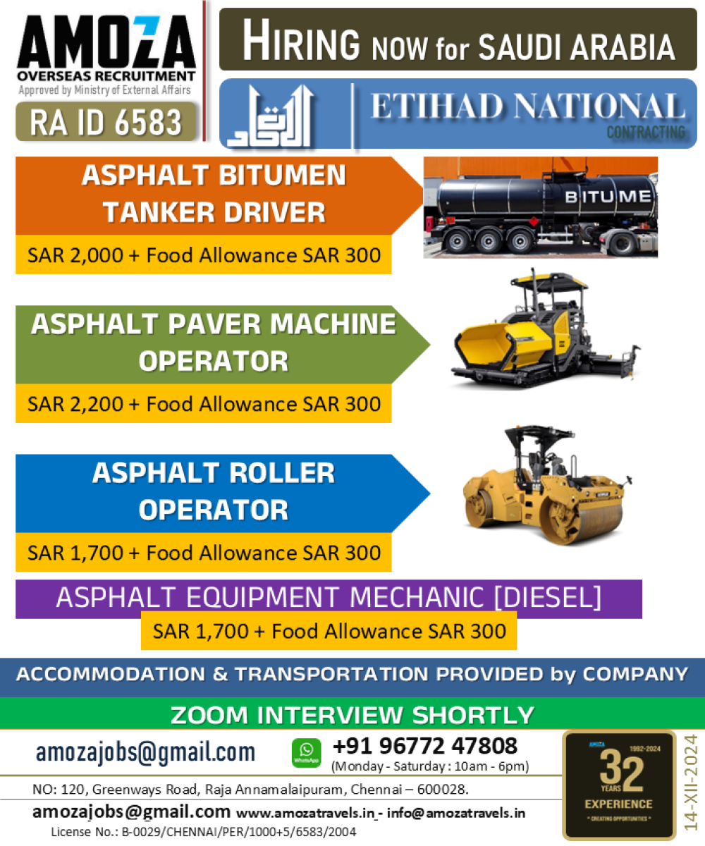 ASPHALT BITUMEN TANKER DRIVER | ASPHALT PAVER MACHINE OPERATOR | ASPHALT ROLLER OPERATOR | ASPHALT EQUIPMENT MECHANIC [DIESEL]