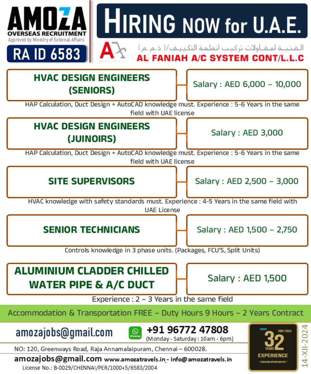 HVAC DESIGN ENGINEERS (SENIORS) | HVAC DESIGN ENGINEERS (JUINOIRS) | SITE SUPERVISORS | SENIOR TECHNICIANS | ALUMINIUM CLADDER CHILLED WATER PIPE & A/C DUCT