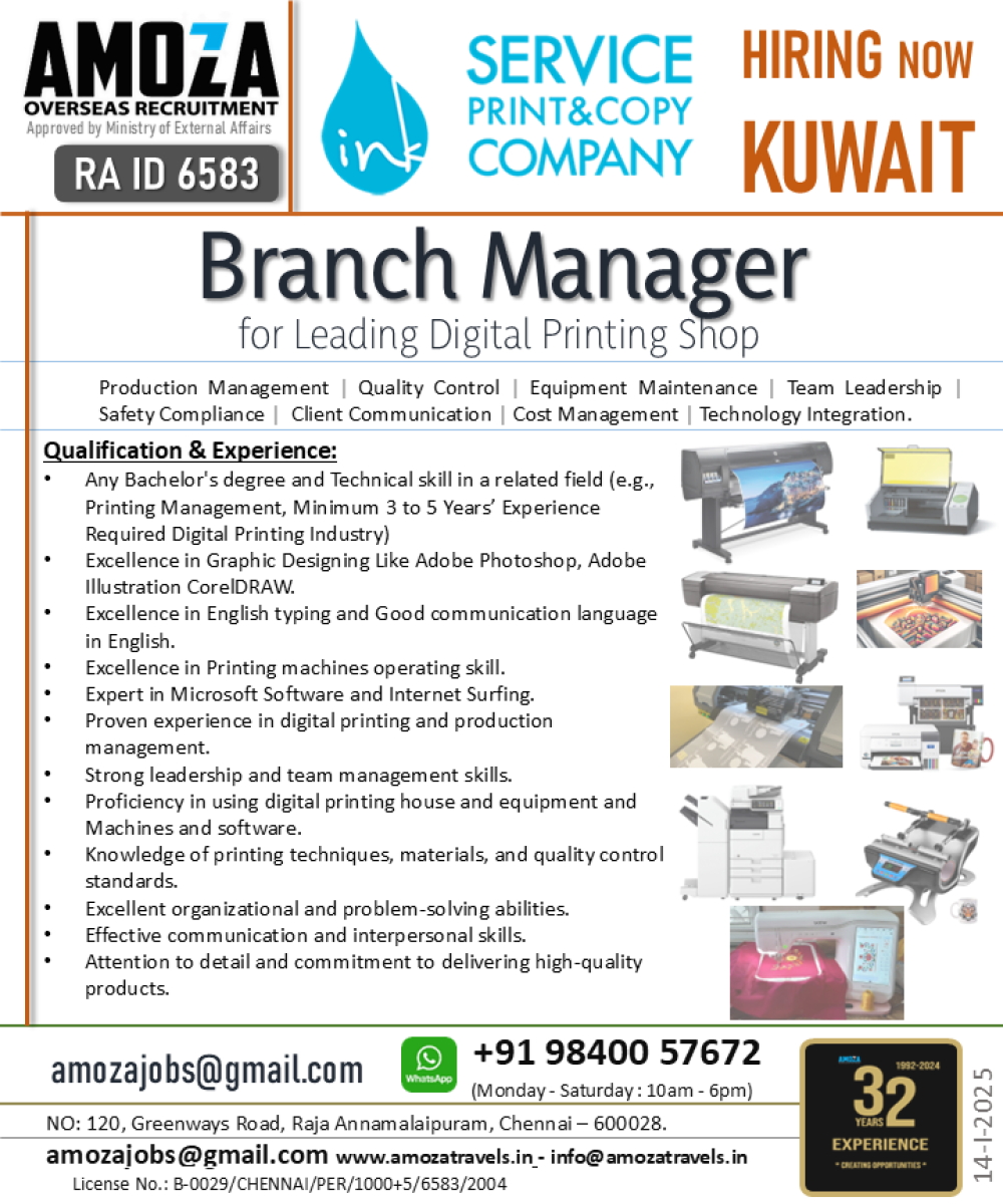 BRANCH MANAGER - for Leading Digital Printing Shop